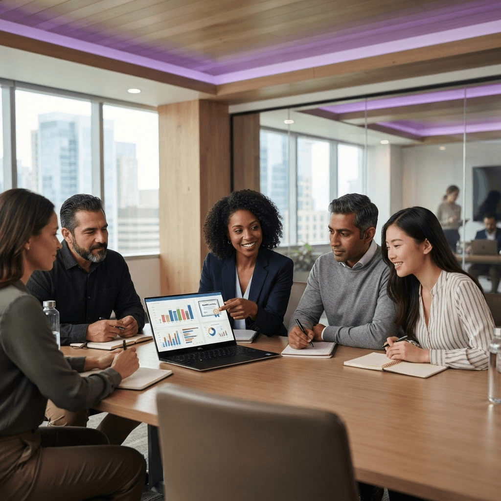 Equipo de una empresa participando en una sesión de formación certificada sobre alfabetización en IA